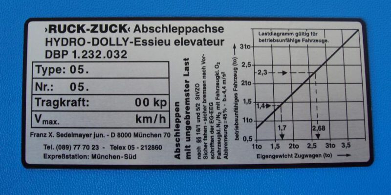 Abschleppachse Typenschild Sedelmayer